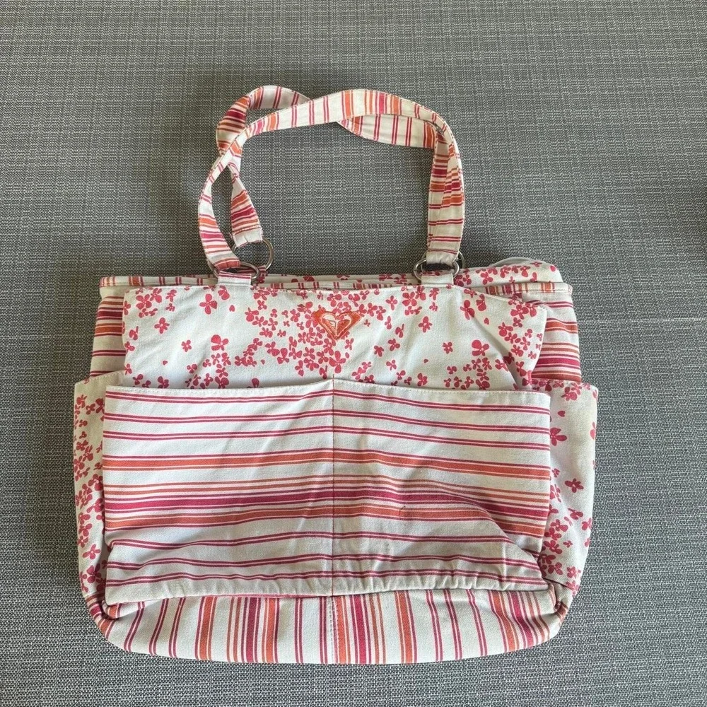 Roxy white and red/orange floral striped tote bag